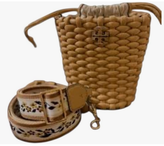 Tory Burch Emerson Woven Mini Bucket Bag Ginger Shortbread Beige