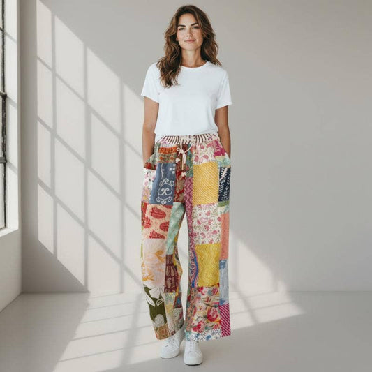 STRAIGHT LEG COTTON PATCHWORK PANTS