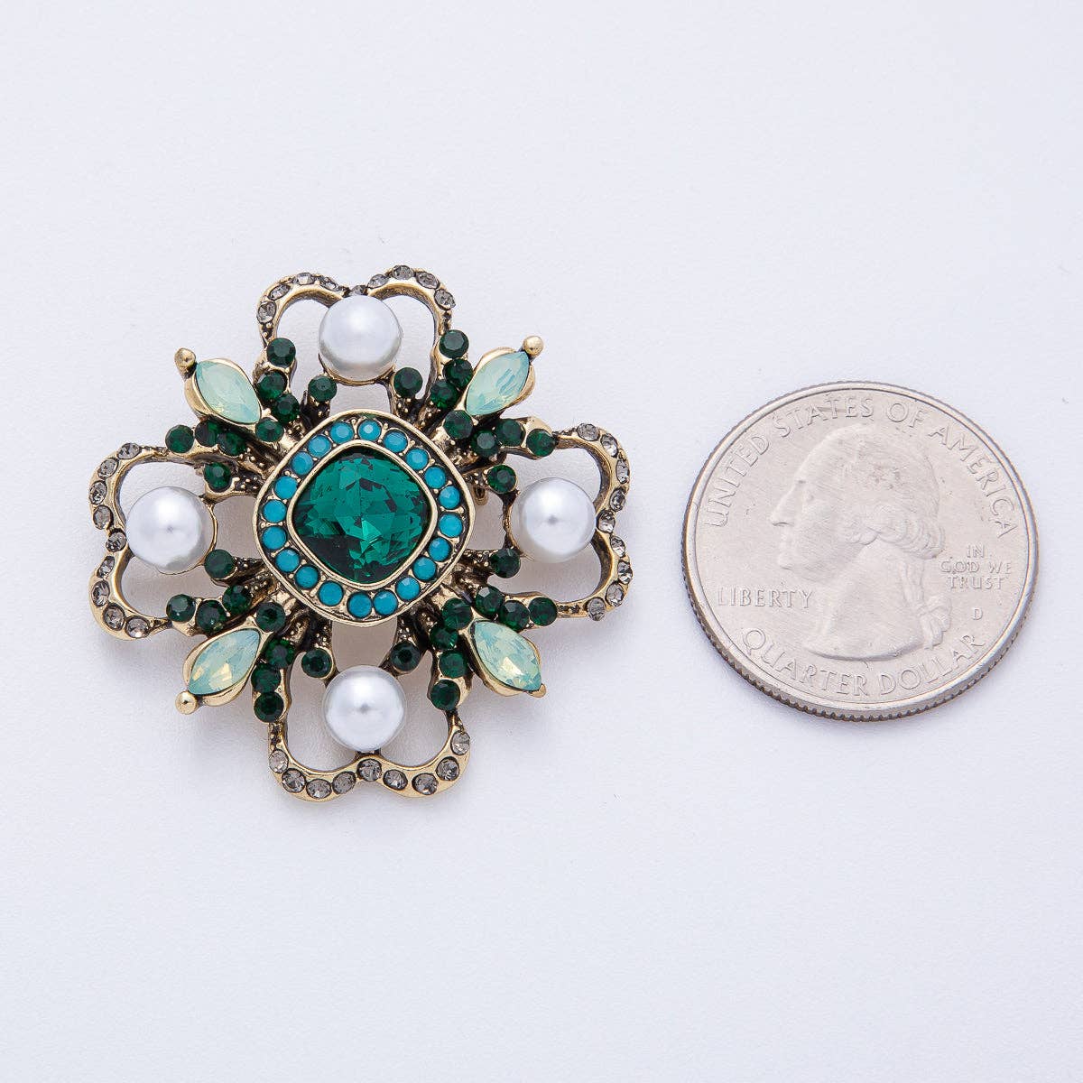 Vintage Antique Gold Black, Green Rhinestone Flower Blue Black Gray Crystal Brooch Pin | BH-00006 BH-00007: Turquoise