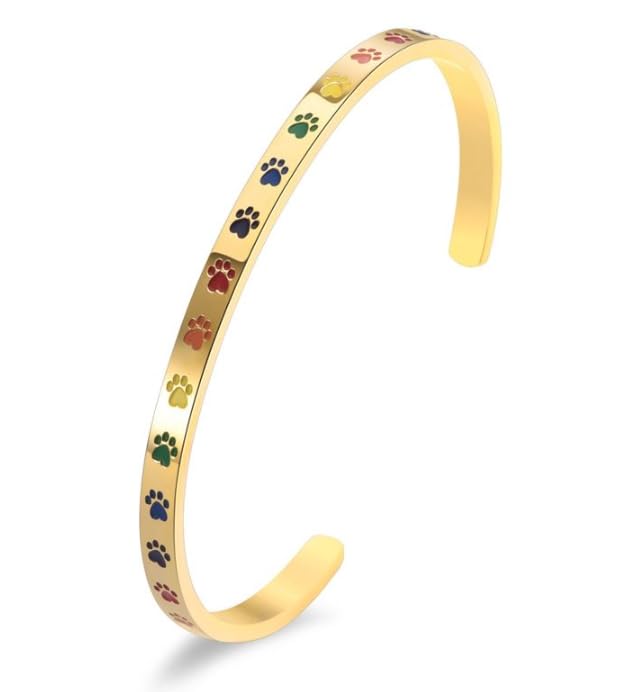 Beyond Joy "Balto & Gus": Cuff Bangle Bracelet Plated with 14k Gold, Silver, and Rose Gold in Stainless Steel w Cute Enamel Paw Design in Green, Yellow, Red, and Black (Gold)