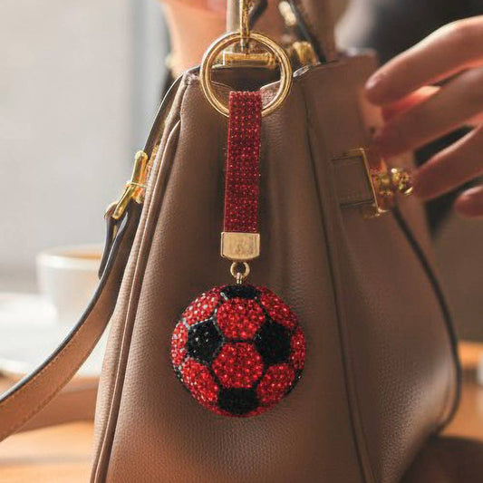 Bling Studded Soccer Ball Bag Charm Keychain: Red