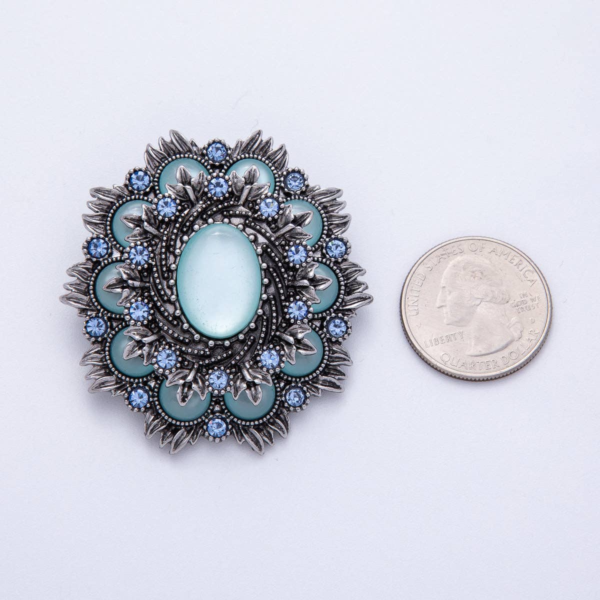 Vintage Antique Silver Flower Brooch Aqua Blue Turquoise Crystal Pin | BH-002