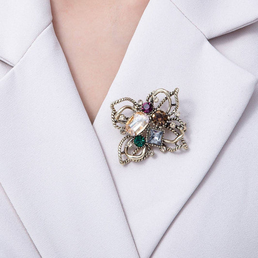 Vintage Antique Gold Multi Color Crystal Brooch floral Pin | BH-004