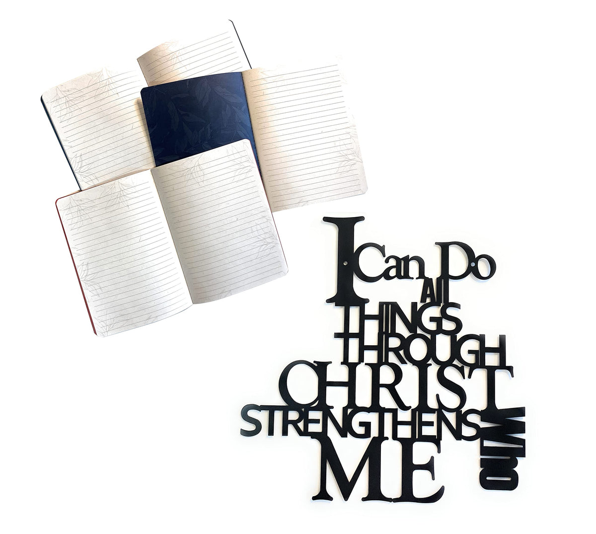 Beyond Joy, Christian Collection, I Can Do All Things Through CHRIST Who Strengths ME, Black Metal Indoor/Outdoor Wall Decoration, 14"x14" w ONE Random Bible Versed Journal Notebook