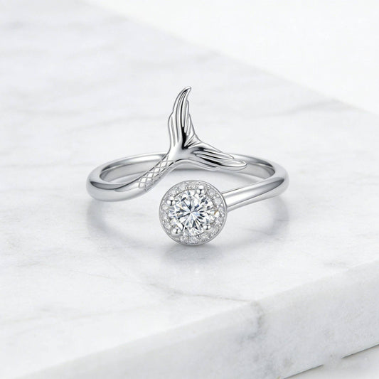 Dainty CZ Mermaid Tail Adjsutable Ring in Solid Copper: Blue