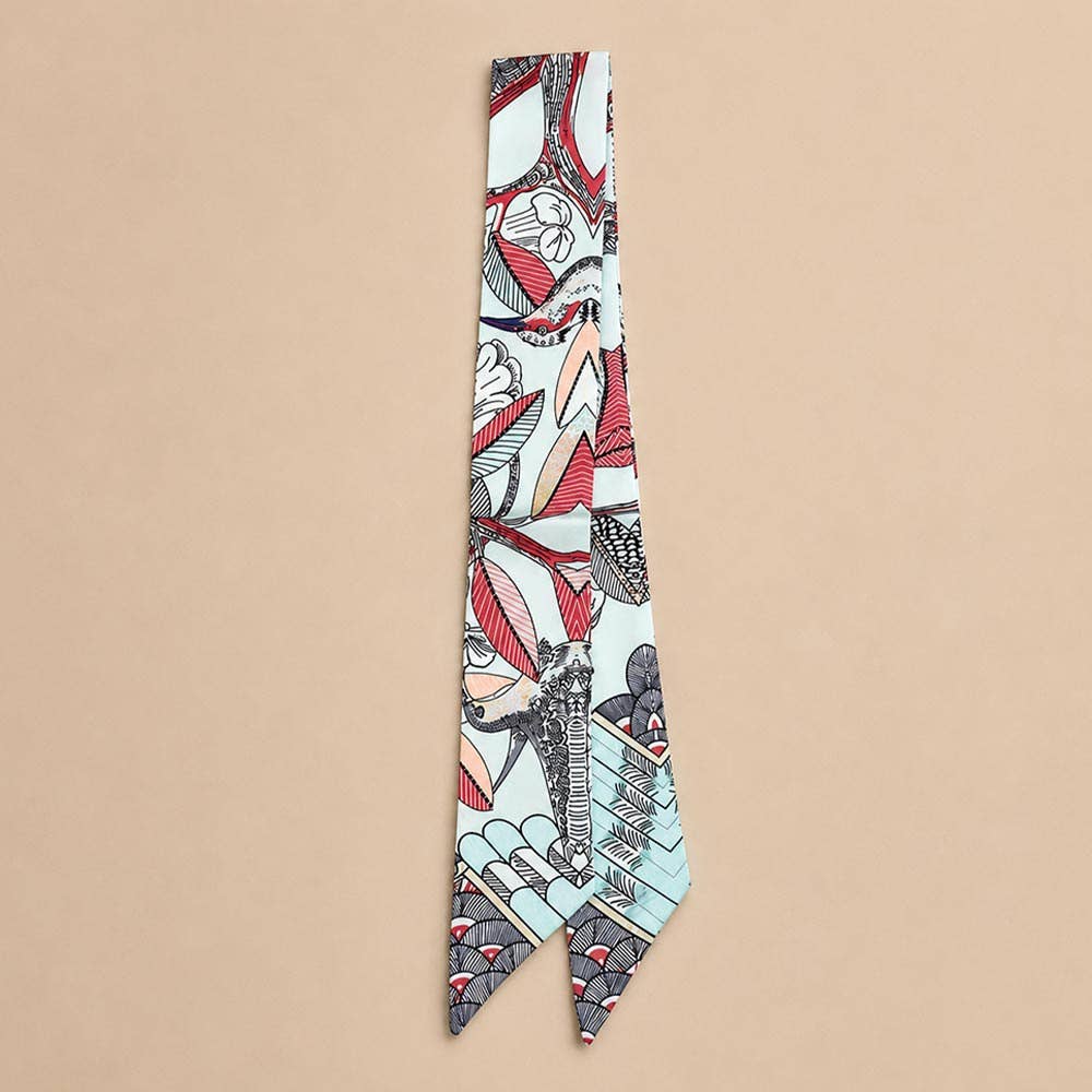 Abstract Bird Motif Print Skinny Twilly Scarf: Ivory