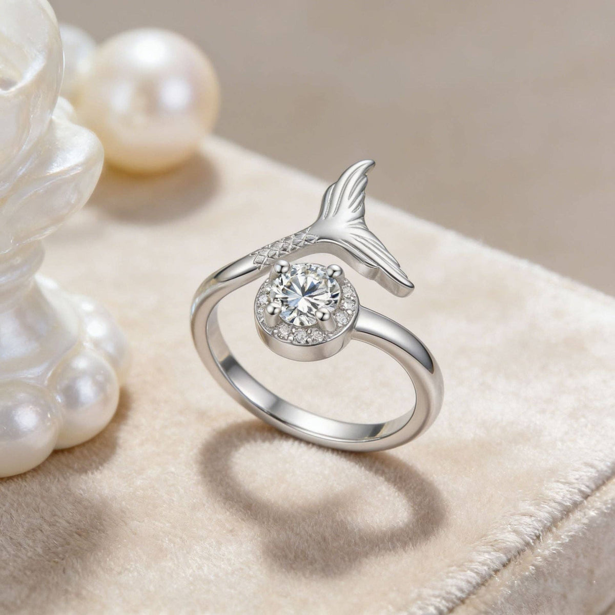 Dainty CZ Mermaid Tail Adjsutable Ring in Solid Copper: Blue