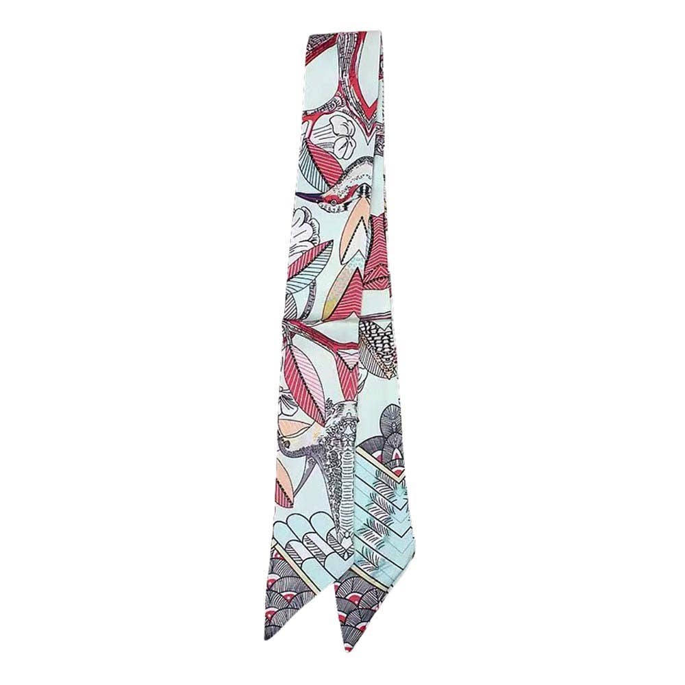 Abstract Bird Motif Print Skinny Twilly Scarf: Ivory