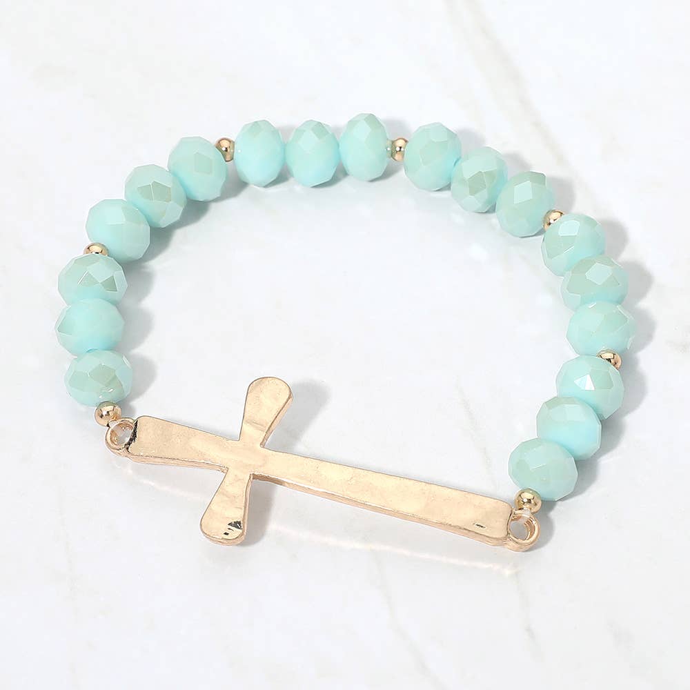 Brushed Hammered Metal Cross Accent Faceted Beaded Stretch Bracelet: Yellow