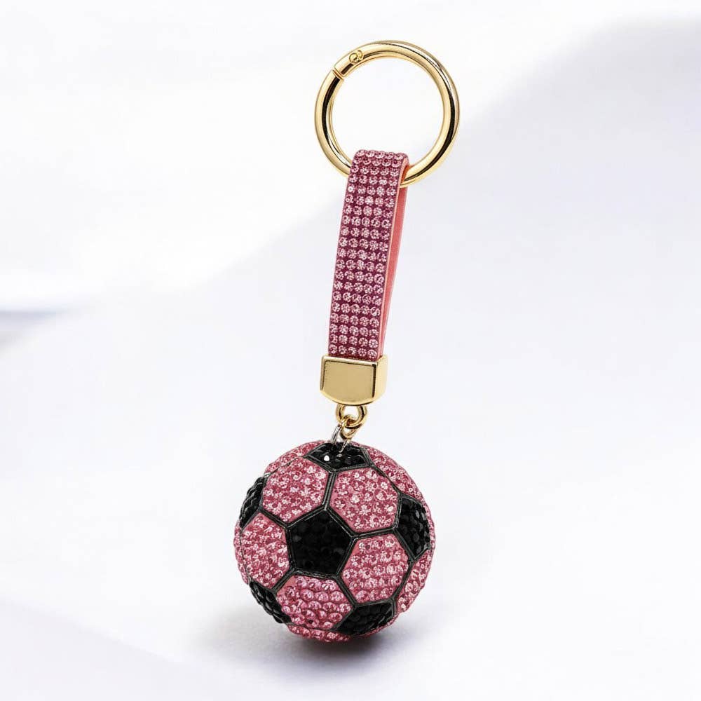 Bling Studded Soccer Ball Bag Charm Keychain: Red