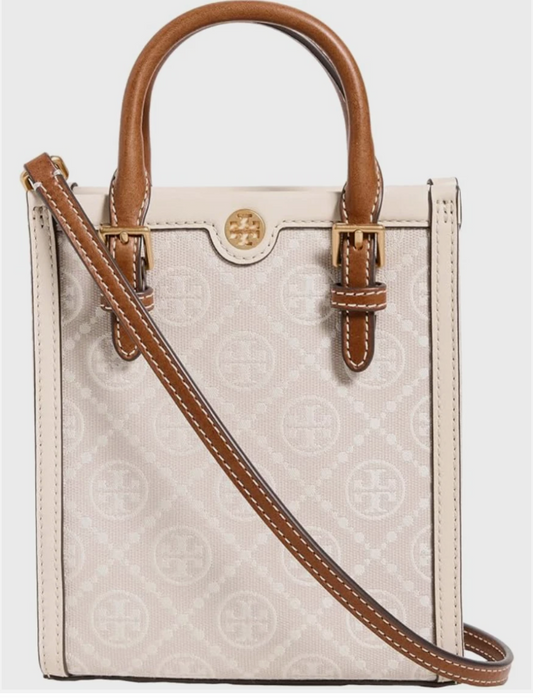 Tory Burch Mini T Monogram Tote w Leather Trim Crossbody Ivory NWT