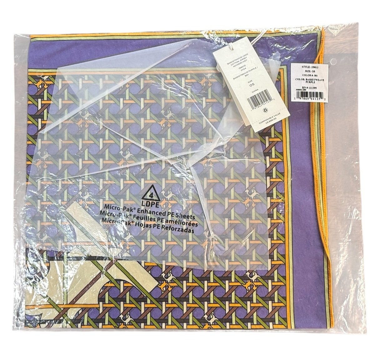 Tory Burch Basketweave Logo Cotton Jersey Neckerchief Purple 24"x24"
