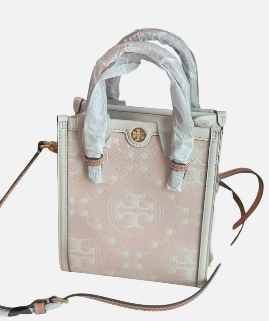 Tory Burch Mini T Monogram Tote w Leather Trim Crossbody Pale Pink NWT