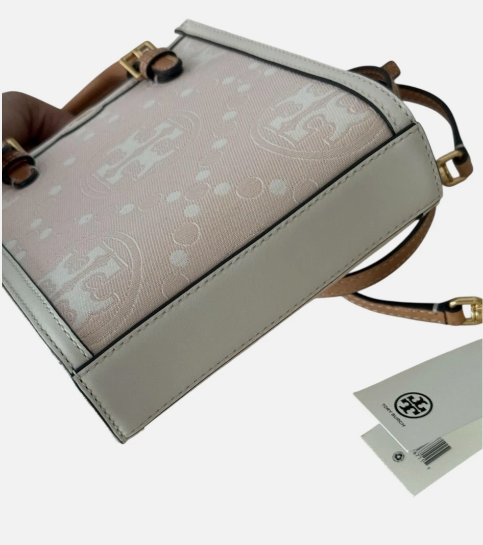 Tory Burch Mini T Monogram Tote w Leather Trim Crossbody Pale Pink NWT