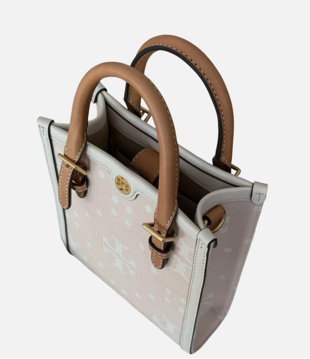 Tory Burch Mini T Monogram Tote w Leather Trim Crossbody Pale Pink NWT