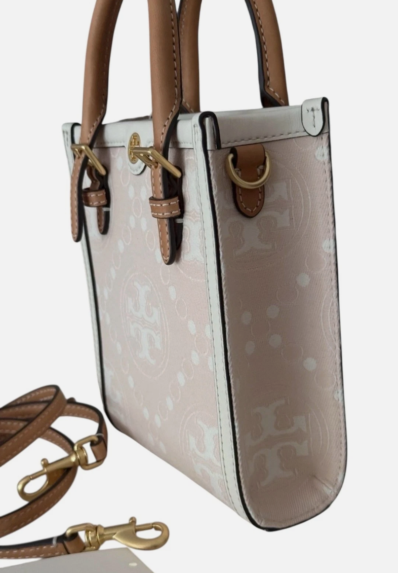 Tory Burch Mini T Monogram Tote w Leather Trim Crossbody Pale Pink NWT