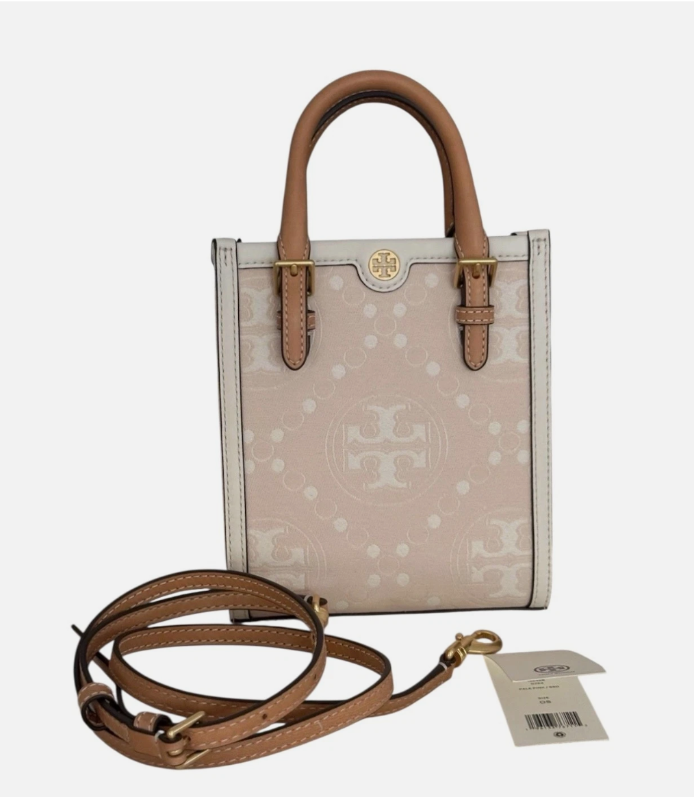 Tory Burch Mini T Monogram Tote w Leather Trim Crossbody Pale Pink NWT