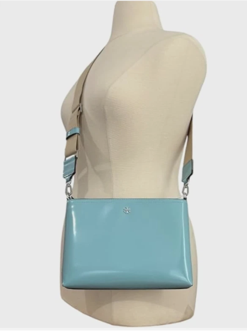 Tory Burch Blake Swingpack Patent Leather Crossbody Shoulder Bag Angel Blue