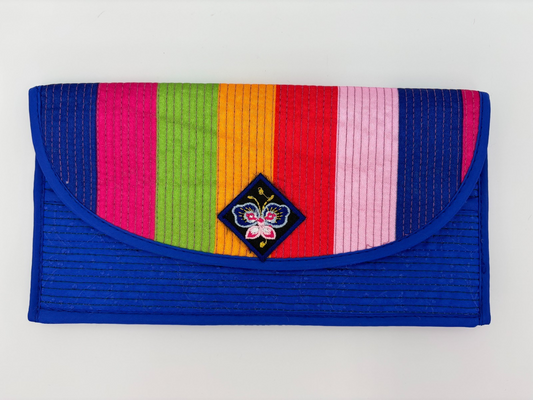 Korean Traditional Fabric Patch Long Wallet w Card Slots & Coin Pocket w Zipper