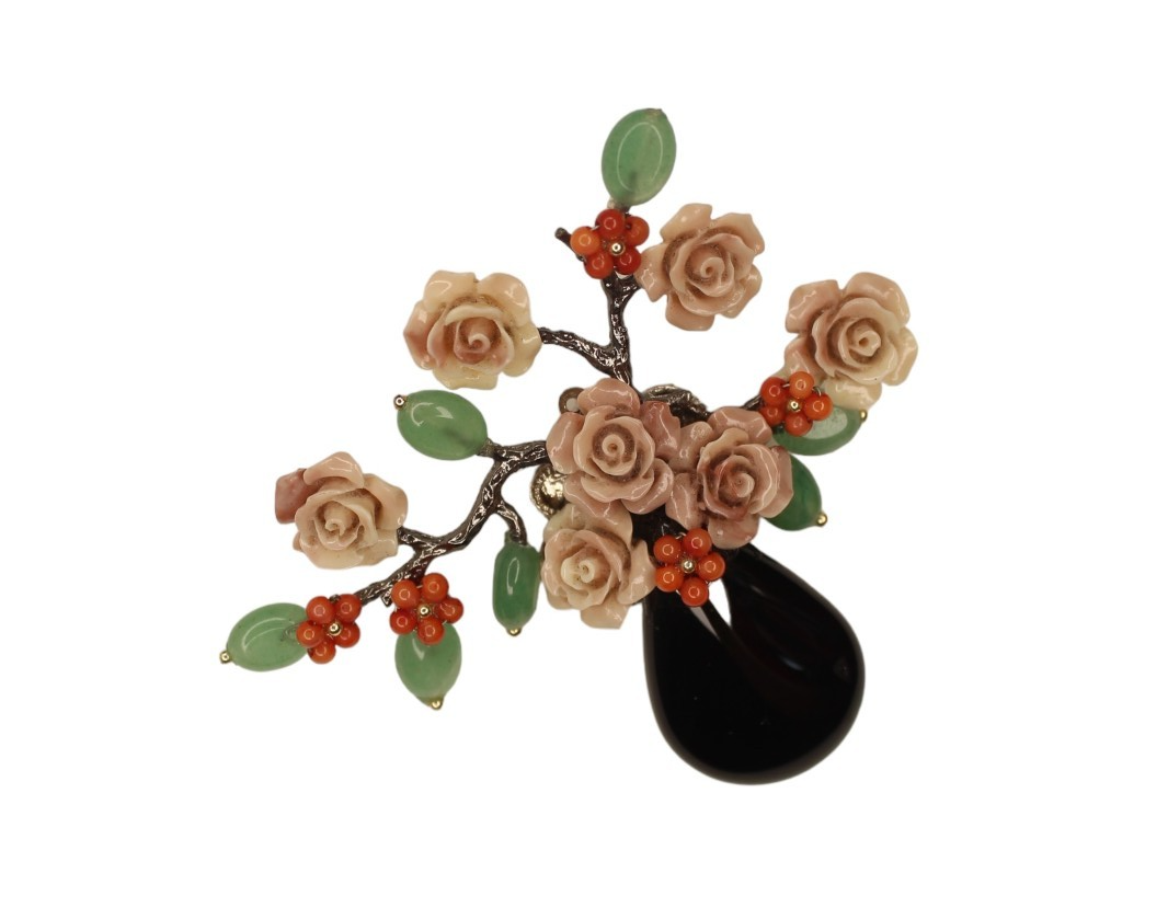 Beyond Joy Natural Stone Flower Brooch Pendant Black Green Pink Handmade New