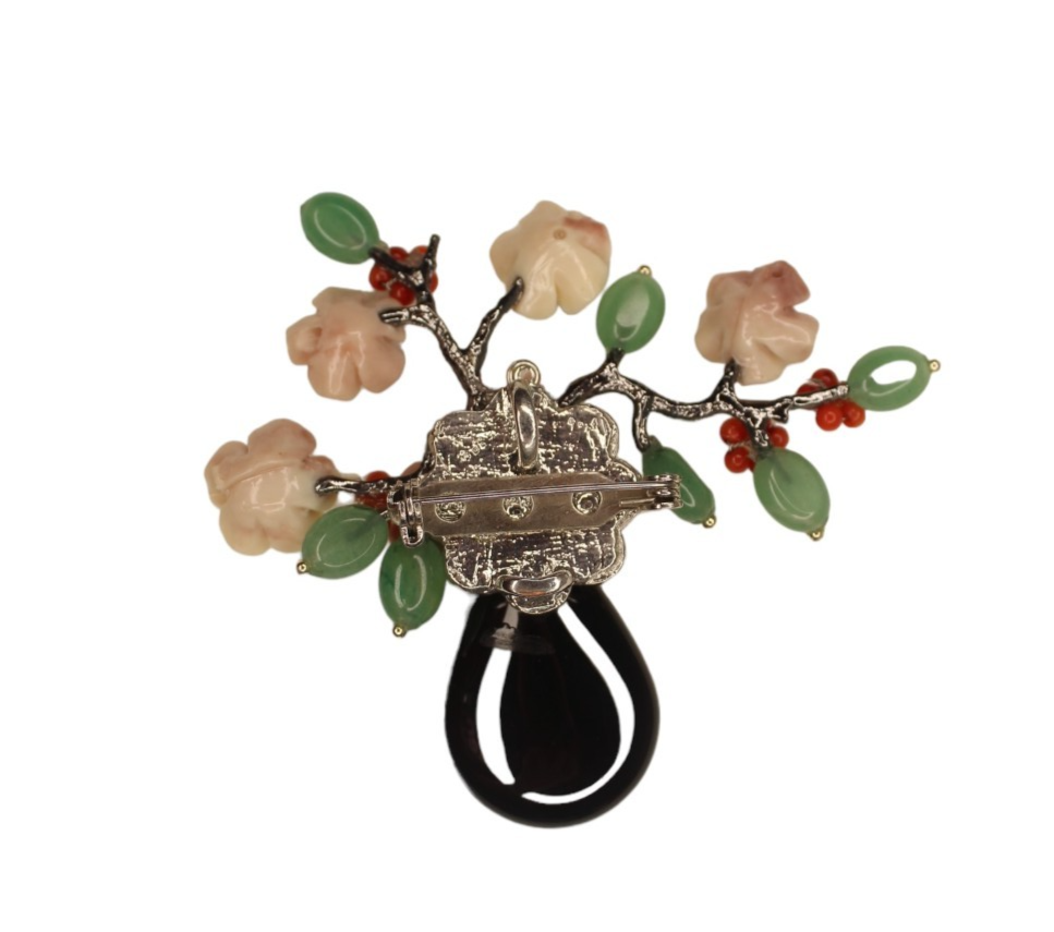 Beyond Joy Natural Stone Flower Brooch Pendant Black Green Pink Handmade New