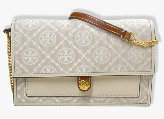 Tory Burch Woven T Monogram Jacquard Leather Trims Chain Crossbody Mini Ivory