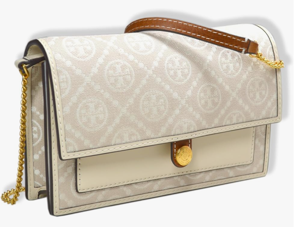 Tory Burch Woven T Monogram Jacquard Leather Trims Chain Crossbody Mini Ivory
