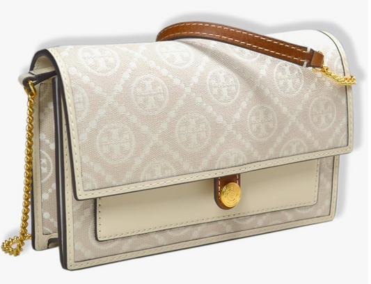 Tory Burch Woven T Monogram Jacquard Leather Trims Chain Crossbody Mini Ivory