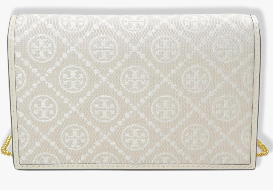 Tory Burch Woven T Monogram Jacquard Leather Trims Chain Crossbody Mini Ivory