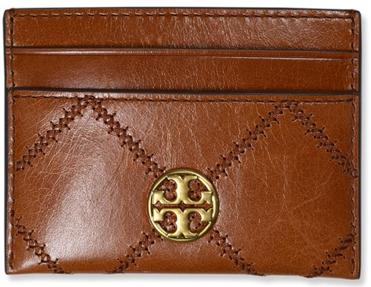 Tory Burch Women's Willa Glazed Leather Slim Card Case Wallet (Dark Whiskey)