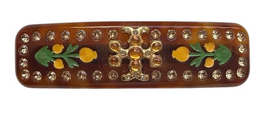 Tory Burch Roxanne Hair Barrette, Crystal Embellished, Brown with Yellow Floral