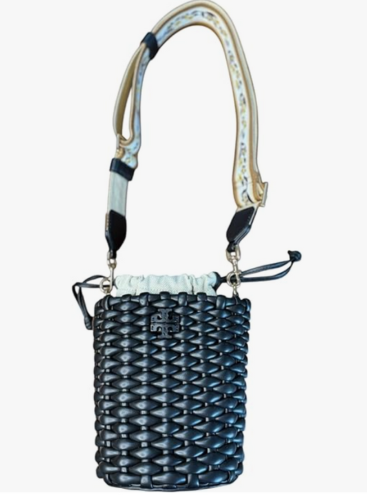 Tory Burch Emerson Mini Bucket Bag, Black Woven Leather, Floral Adjustable Strap