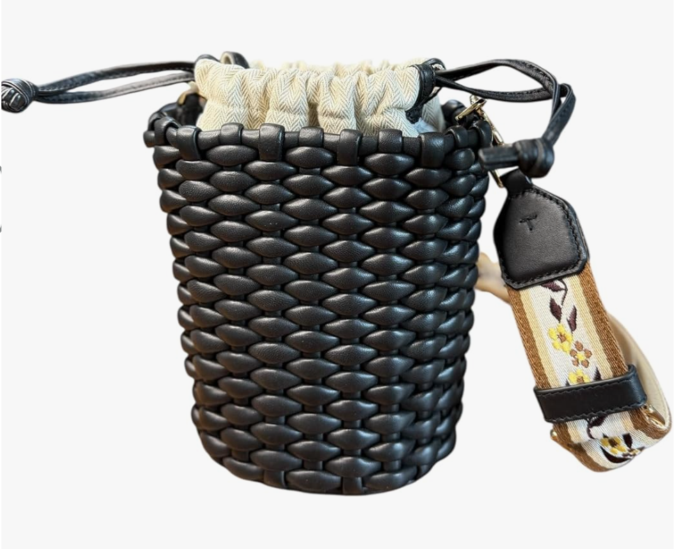 Tory Burch Emerson Mini Bucket Bag, Black Woven Leather, Floral Adjustable Strap