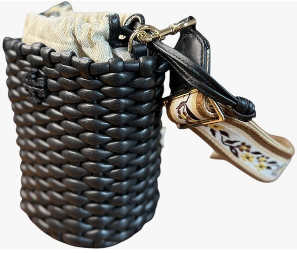 Tory Burch Emerson Mini Bucket Bag, Black Woven Leather, Floral Adjustable Strap