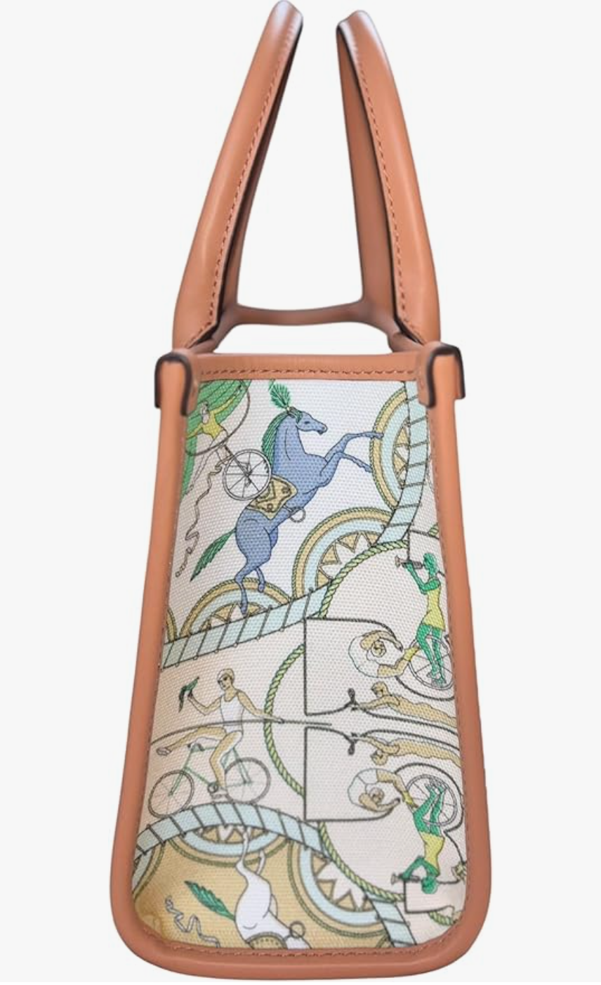 Tory Burch Blake Small Tote, Canvas w Bicycle Print, Green, Brown Leather Trim