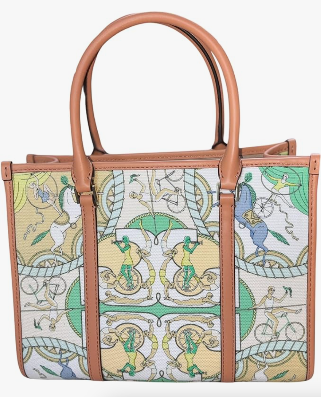 Tory Burch Blake Small Tote, Canvas w Bicycle Print, Green, Brown Leather Trim