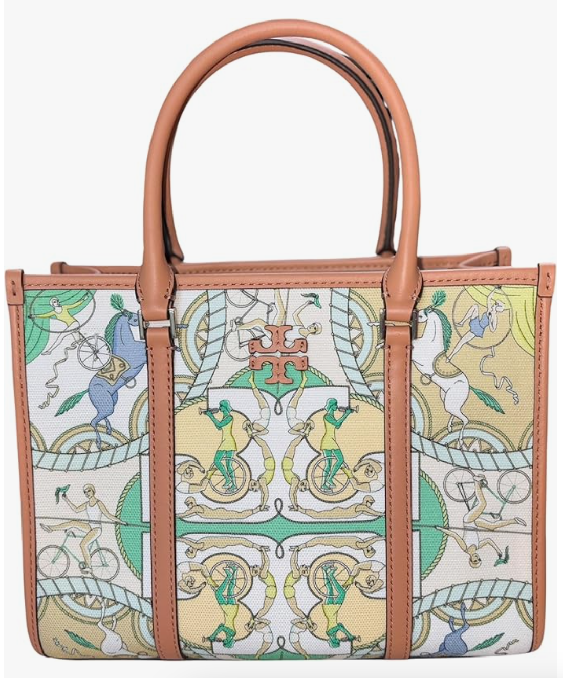 Tory Burch Blake Small Tote, Canvas w Bicycle Print, Green, Brown Leather Trim