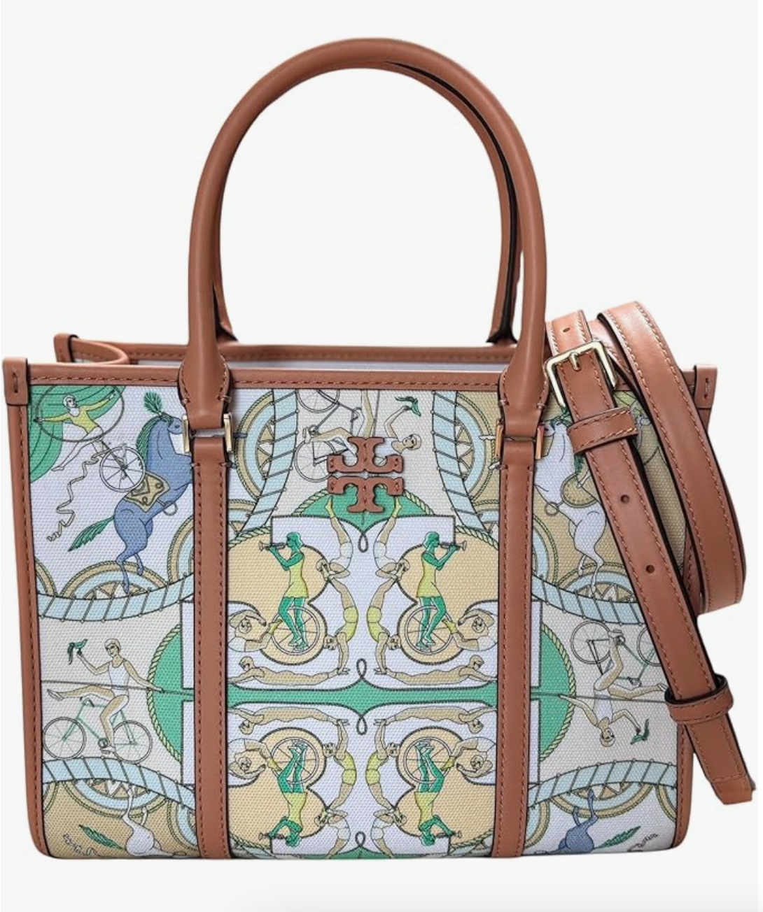 Tory Burch Blake Small Tote, Canvas w Bicycle Print, Green, Brown Leather Trim