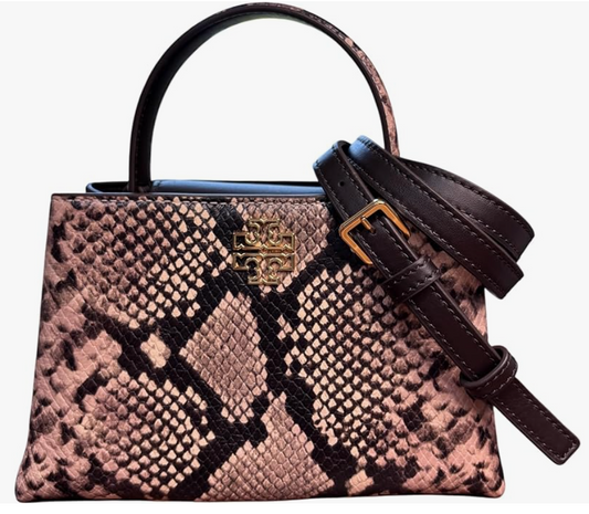 Tory Burch Britten Mini Satchel, Snake Embossed Leather, Brown and Beige Pattern