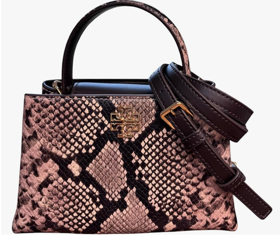 Tory Burch Britten Mini Satchel, Snake Embossed Leather, Brown and Beige Pattern