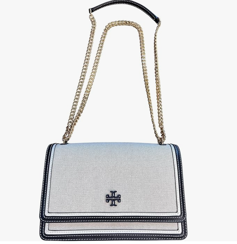 Tory Burch Emerson Canvas Shoulder Bag, Black Leather Trim, Gold Chain Strap, 10