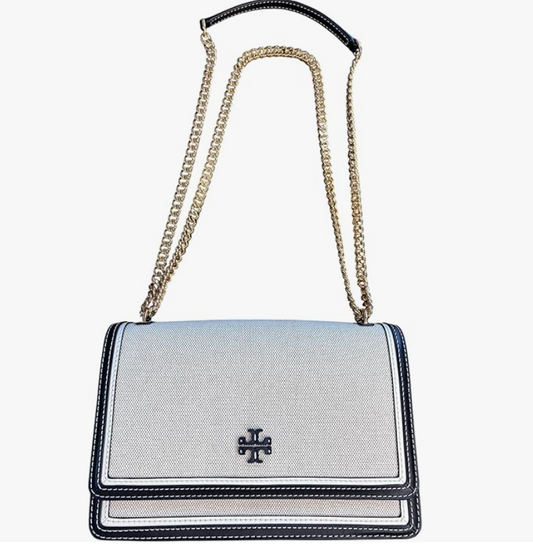 Tory Burch Emerson Canvas Shoulder Bag, Black Leather Trim, Gold Chain Strap, 10