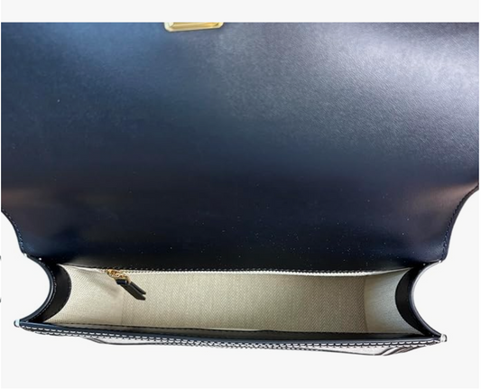 Tory Burch Emerson Canvas Shoulder Bag, Black Leather Trim, Gold Chain Strap, 10