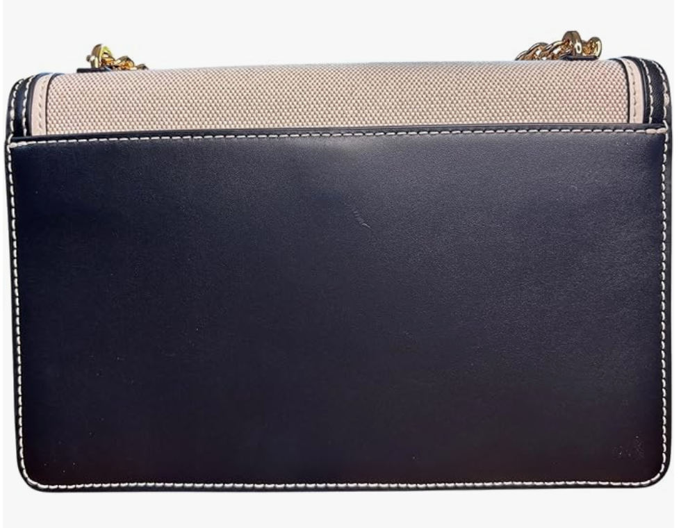 Tory Burch Emerson Canvas Shoulder Bag, Black Leather Trim, Gold Chain Strap, 10