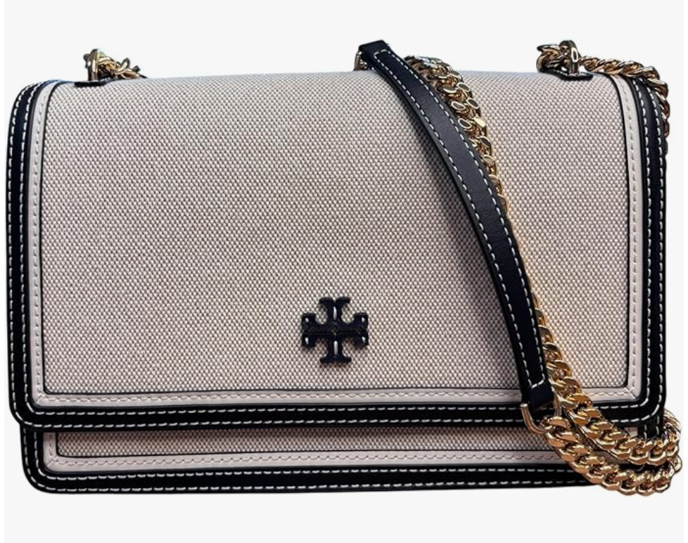 Tory Burch Emerson Canvas Shoulder Bag, Black Leather Trim, Gold Chain Strap, 10