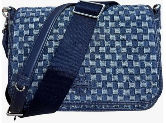 Tory Burch Denim Leather Thea Flap Crossbody Shoulder Bag