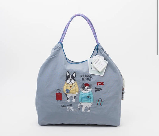 Kusuguru Embroidered cat Nylon Shoulder Tote Bag - Dusty Blue