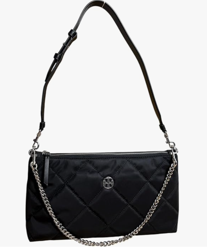 Tory Burch nwt Willa Quilted Nylon Zip Shoulder Bag Black Silver Hardware