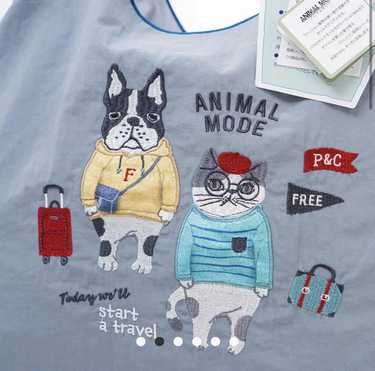 Kusuguru Embroidered cat Nylon Shoulder Tote Bag - Dusty Blue