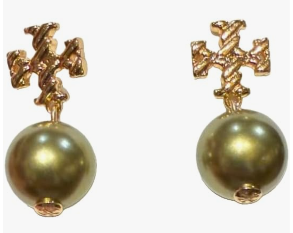 Tory Burch Textured Rope Logo Pearl Drop Earring (Gold Plated Pearl)